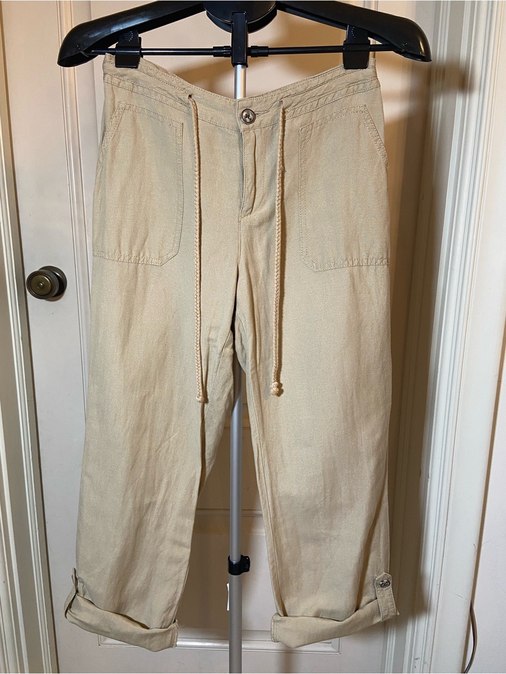 LINEN Beige Drawstring relaxed pants - Picture 3 of 7